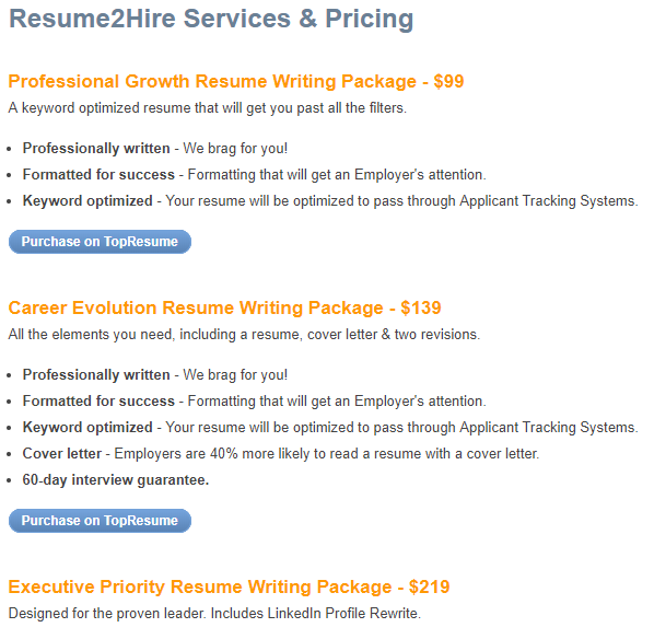 prices resume2hire